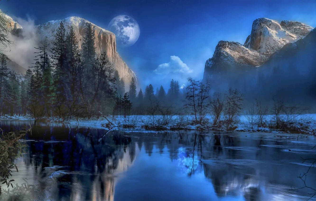 Фото обои snowy peak, rock formation, rocks, snow, Moon, lake, cold, reflection