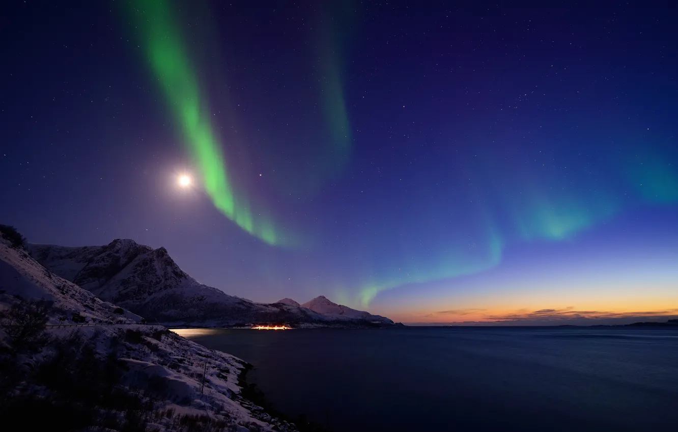 Фото обои горы, ночь, северное сияние, Норвегия