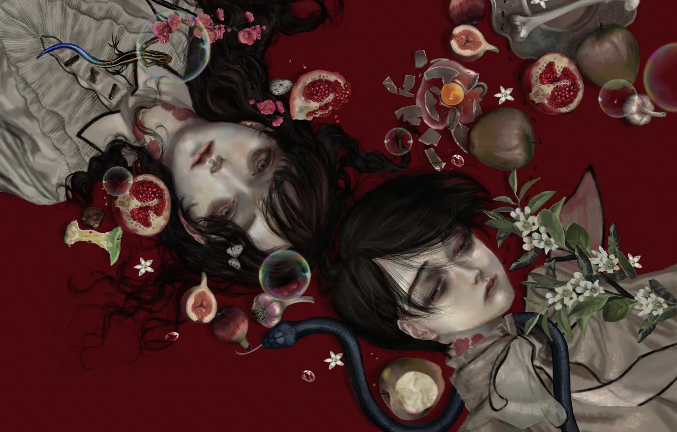 Фото обои кости, вампиры, слёзы, чеснок, в крови, парень с девушкой, ядовитая змея, гнилые