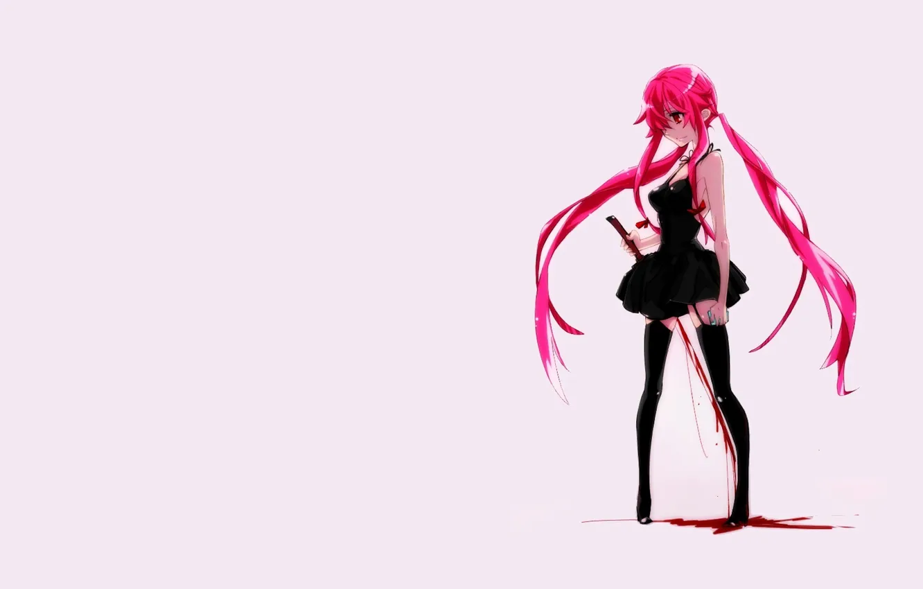 Фото обои sword, blood, pink hair, long hair, black stockings, anime, stockings, Mirai Nikki