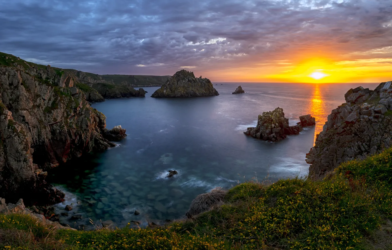 Фото обои море, закат, скалы, даль, панорама, солцне