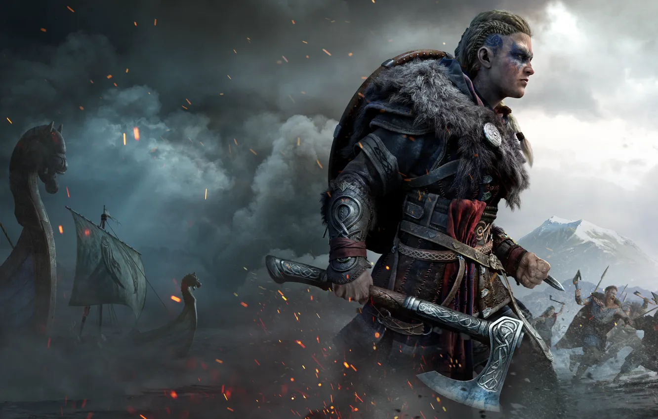 Фото обои топор, воительница, Assassin's Creed, Assassin's Creed Valhalla, Побрили