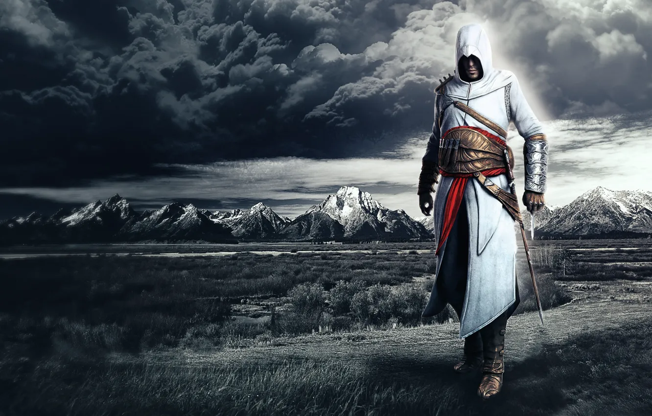 Фото обои облака, горы, assassins creed, альтаир, altair, кредо убийц