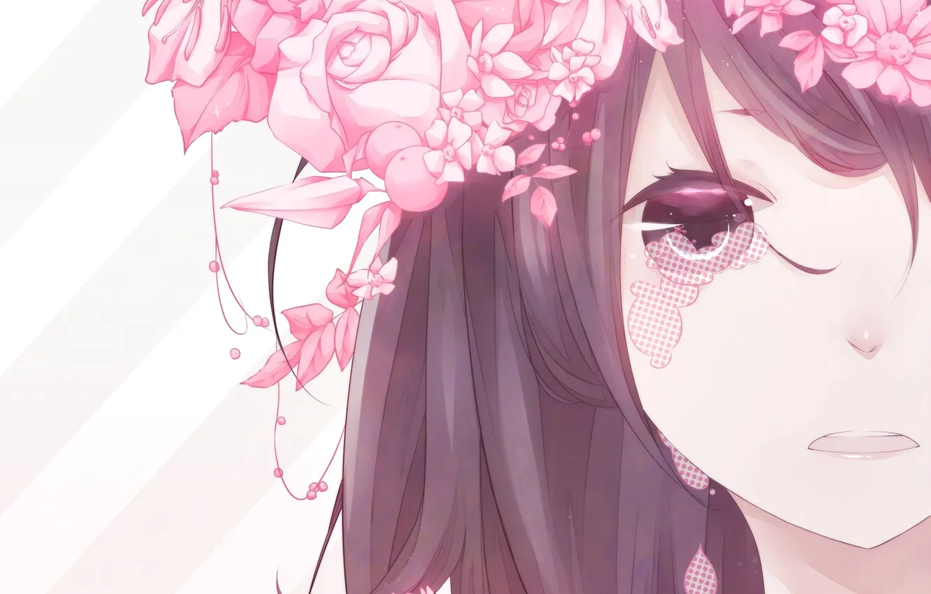 Фото обои глаза, девушка, цветы, лицо, розы, аниме, слезы, арт