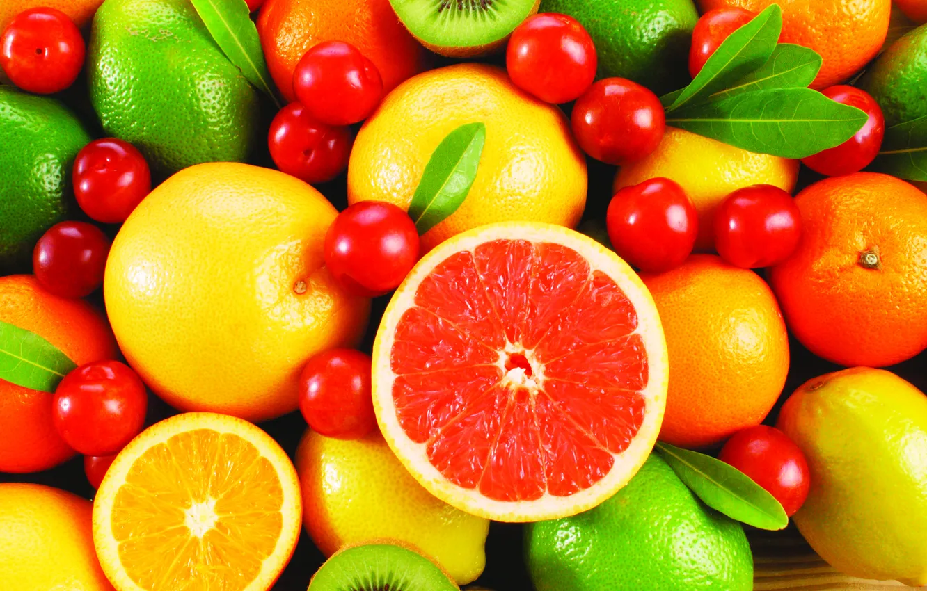 Фото обои апельсины, киви, фрукты, лимоны, вишни, грейпфруты
