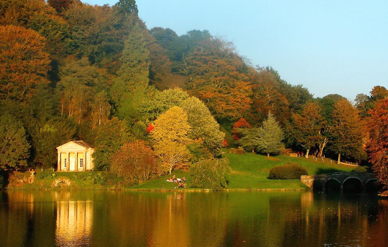 Фото обои осень, лес, вода, мост, пруд, река, листва, холм
