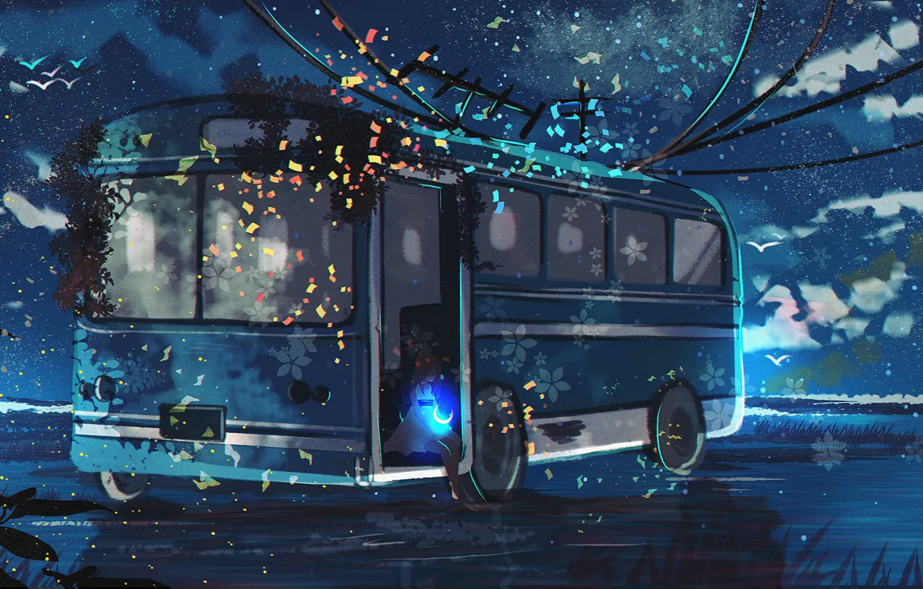 Фото обои вода, ночь, природа, девочка, автобус, полумесяц
