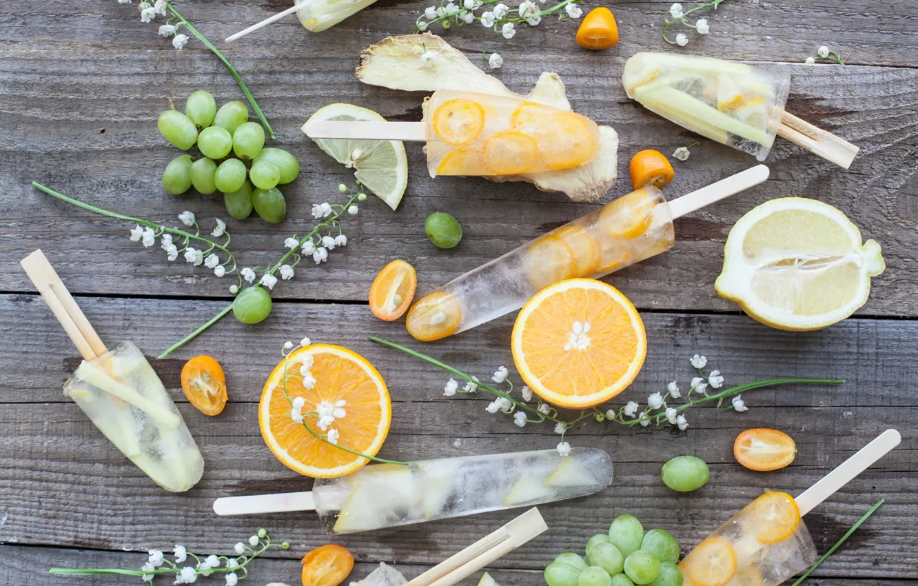 Фото обои лимон, лёд, виноград, мороженое, цитрус, ландыши, фруктовый лёд