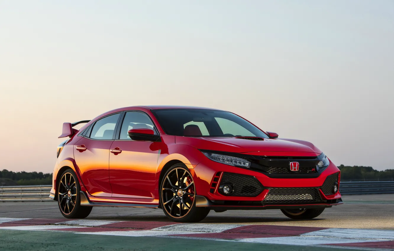 Фото обои небо, красный, трасса, Honda, хэтчбэк, пятидверный, 2019, Civic Type R