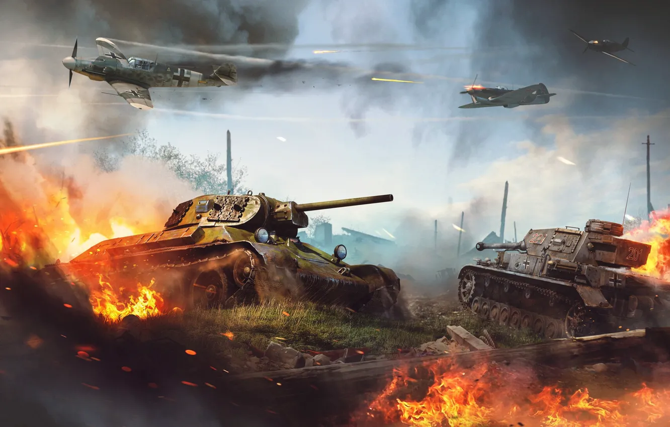 Фото обои огонь, война, танк, руины, самолёты, выстрелы, War Thunder