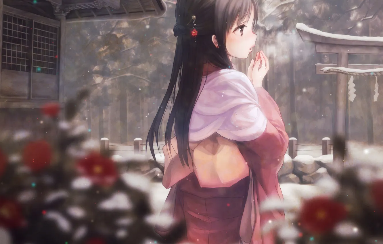 Фото обои зима, девушка, деревья, природа, аниме, арт, пар, кимоно