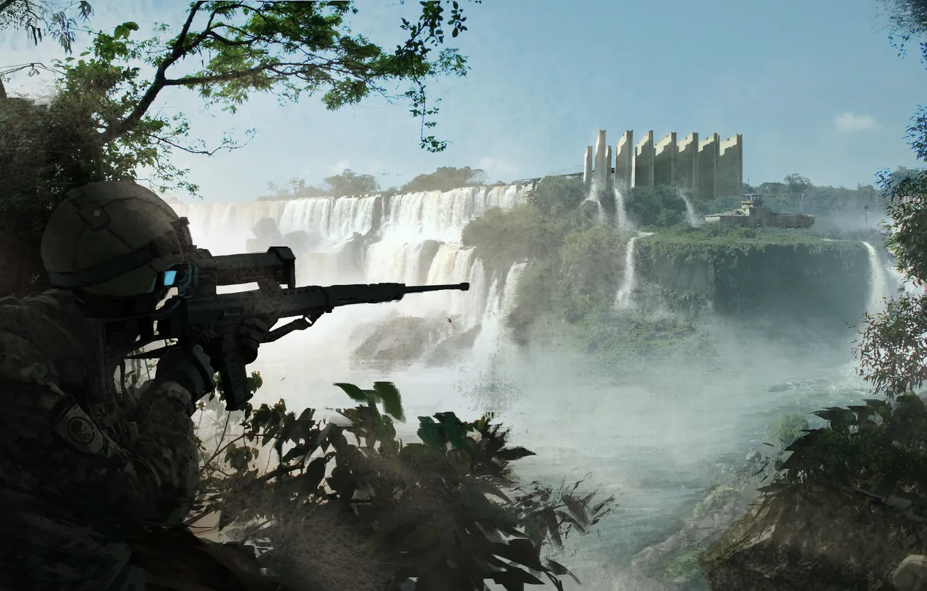 Фото обои лес, оружие, водопад, арт, солдаты, снайпер, снайперка, ghosts