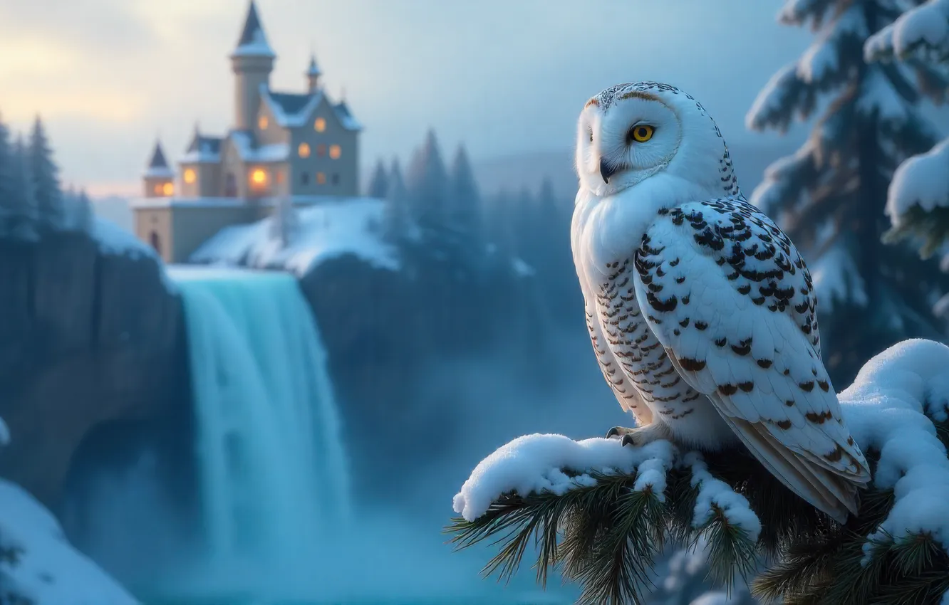 Фото обои зима, лес, небо, взгляд, снег, ночь, природа, огни