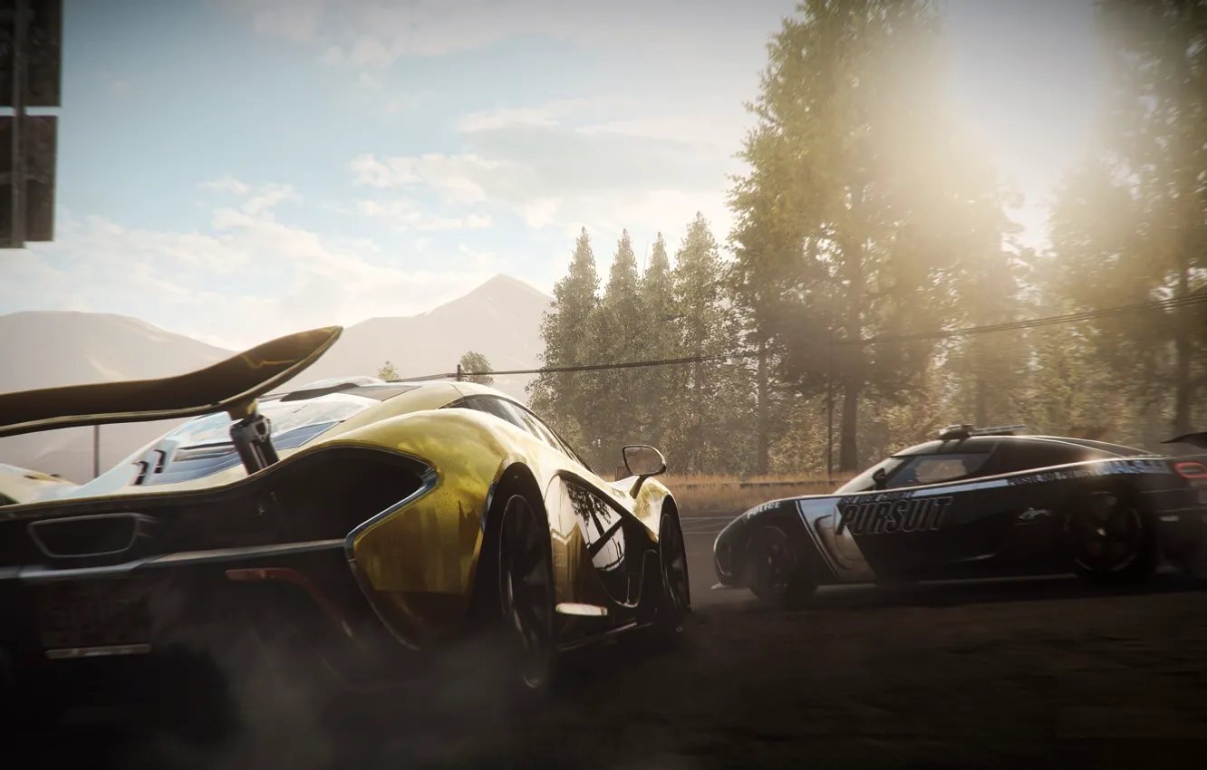 Фото обои лес, гонка, дым, Koenigsegg, дарога, суперкары, McLaren P1, Need for Speed Rivals