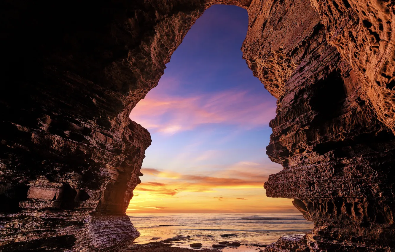 Фото обои море, скалы, пещера