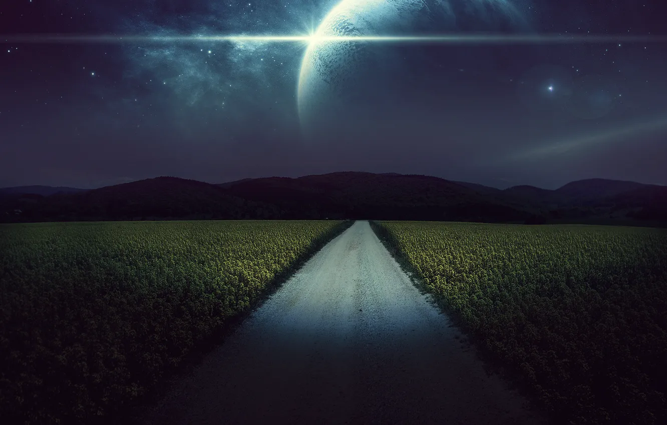 Фото обои дорога, поле, звезды, ночь, рендеринг, планеты
