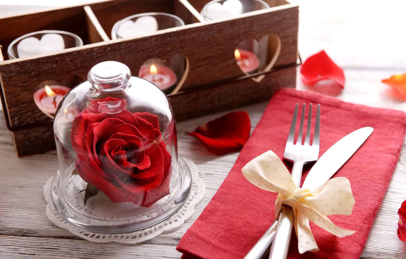 Фото обои романтика, роза, свечи, вилка
