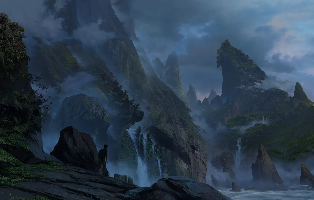 Фото обои пейзаж, тучи, скалы, побережье, парень, Uncharted 4: A Thief's End