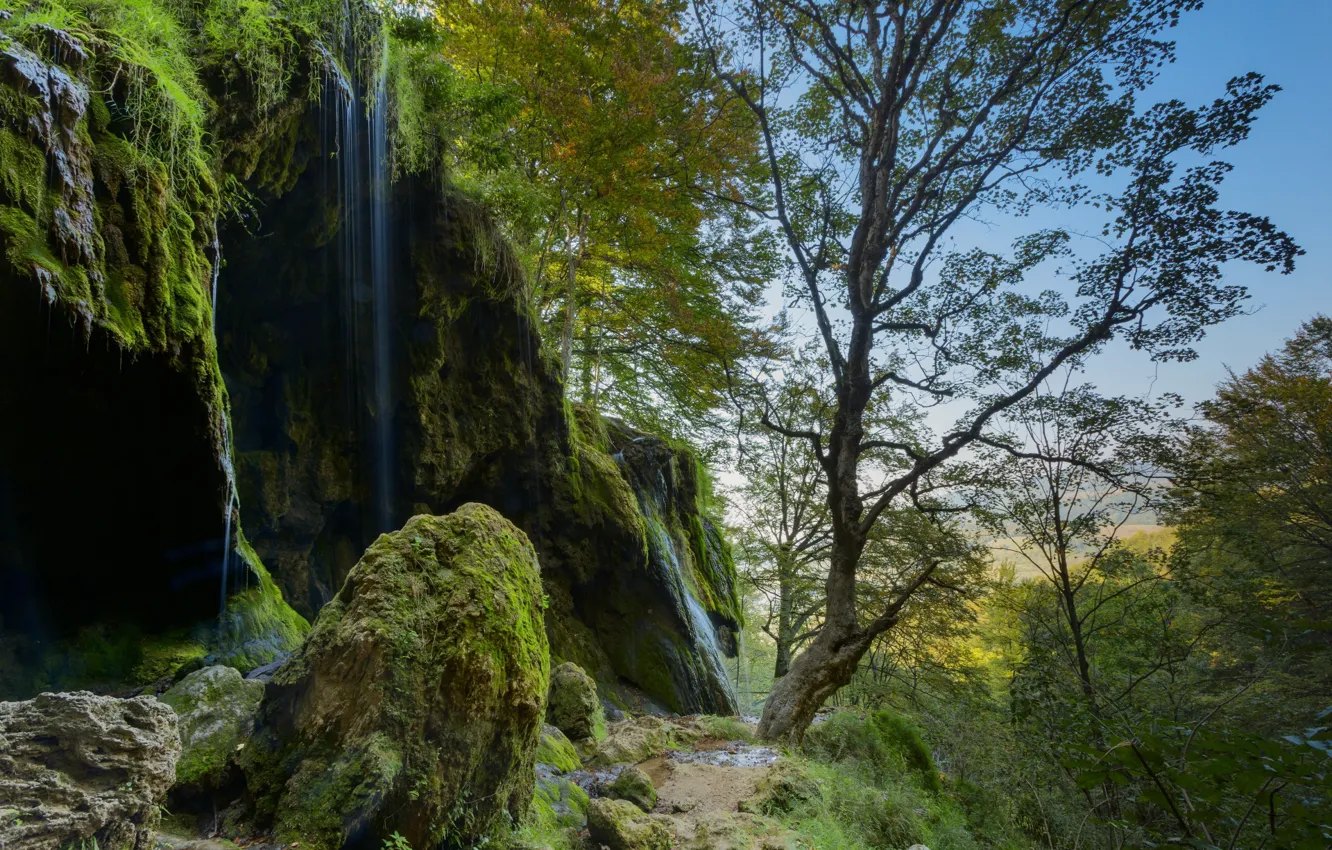 Фото обои деревья, природа, камни, водопад, мох, Александър Сандев, пейзаж скала