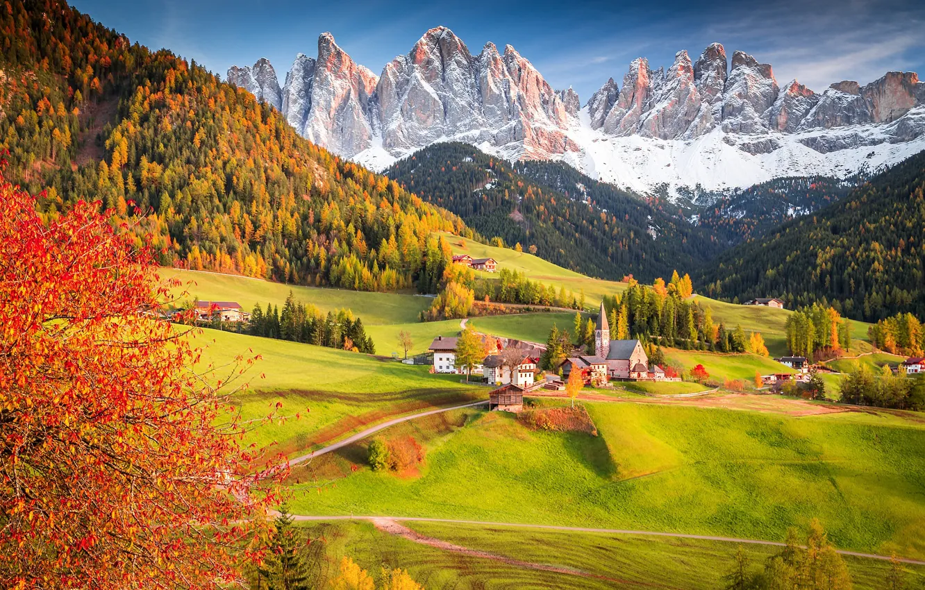 Фото обои осень, лес, дерево, Альпы, Италия, церковь, деревушка, поселок
