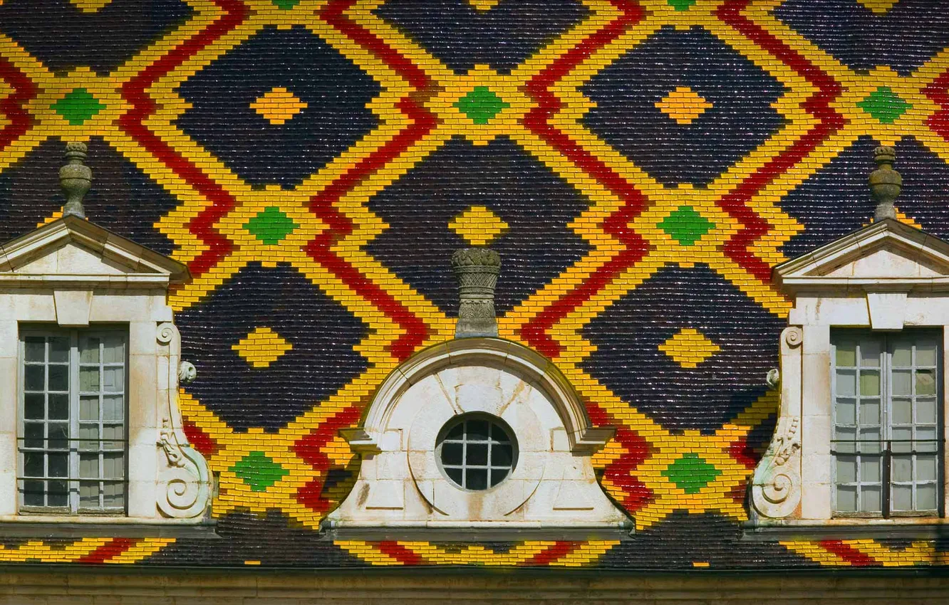 Фото обои крыша, узор, краски, плитка, Франция, текстура, окно, Бургундия