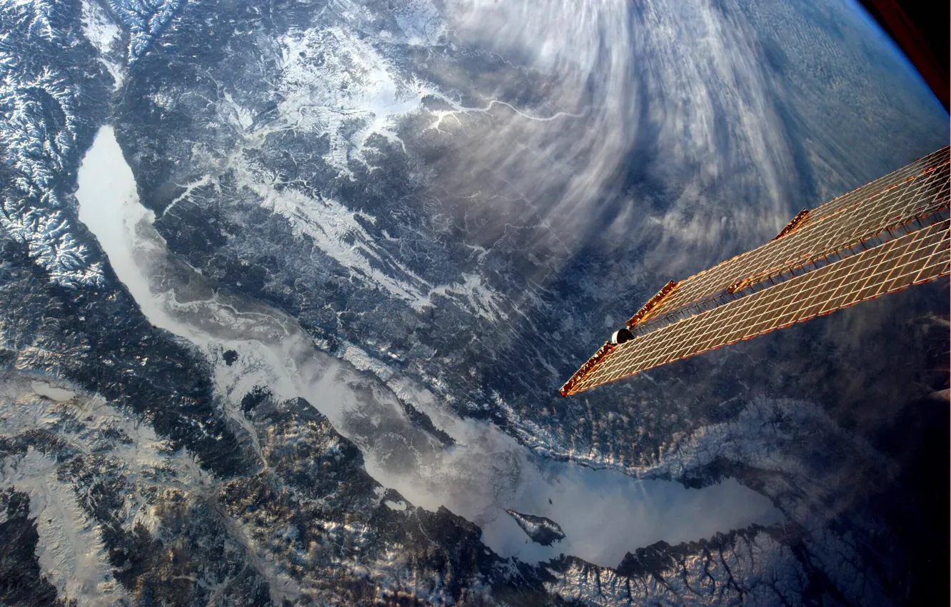 Фото обои озеро, вид, спутник, Байкал, из космоса