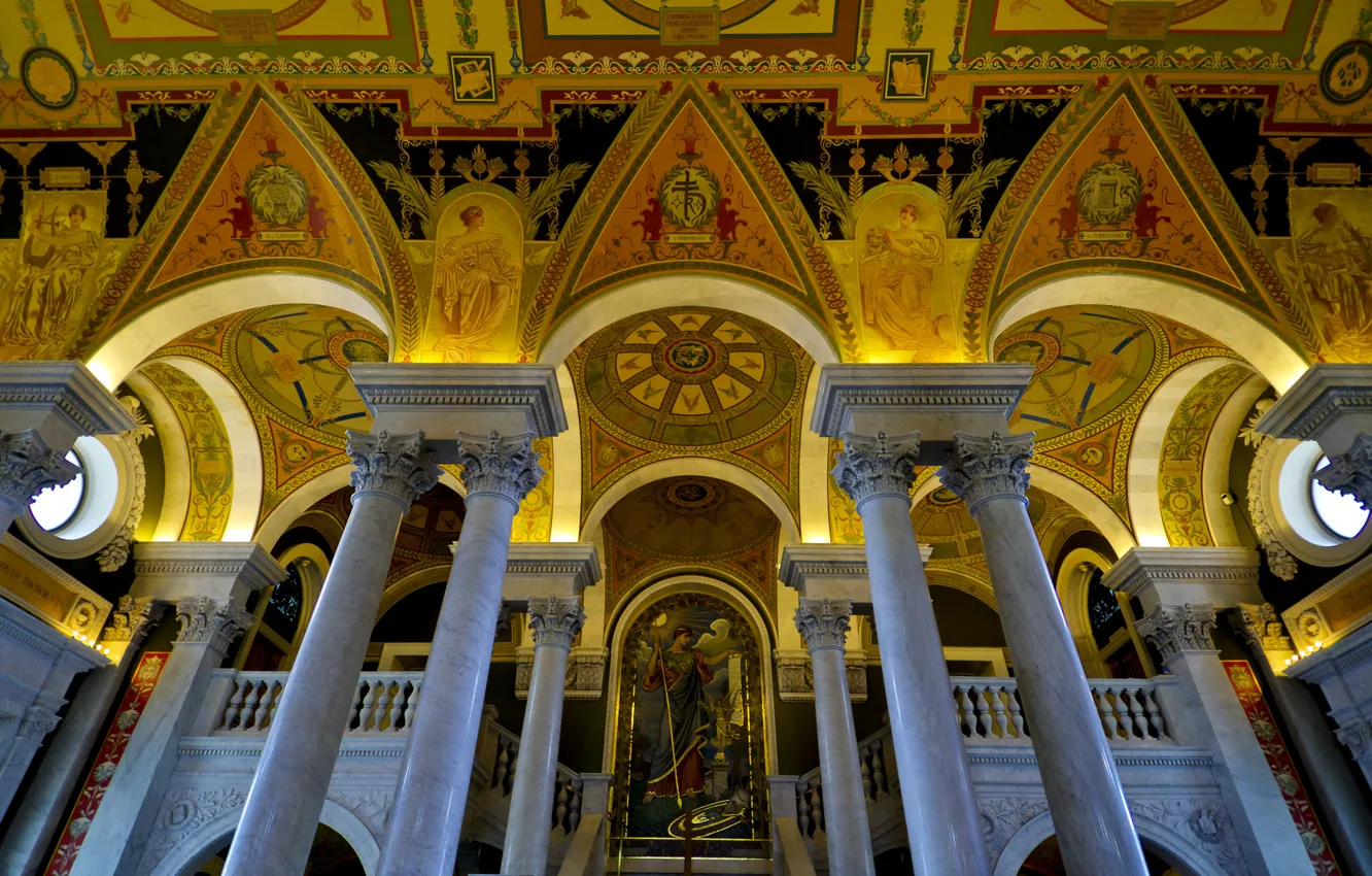 Фото обои свет, арка, Вашингтон, США, колонна, библиотека конгресса