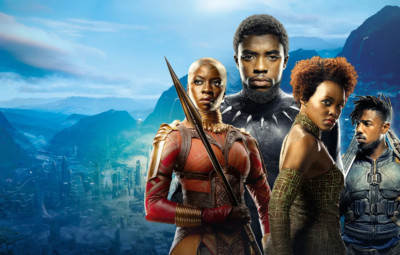 Фото обои пейзаж, фантастика, постер, персонажи, комикс, MARVEL, Danai Gurira, T'Challa