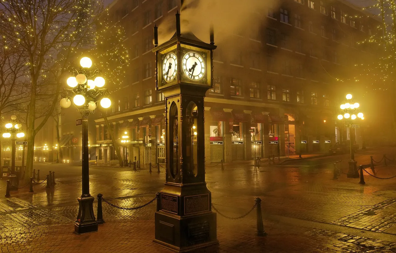 Фото обои свет, город, улица, часы, вечер, фонари