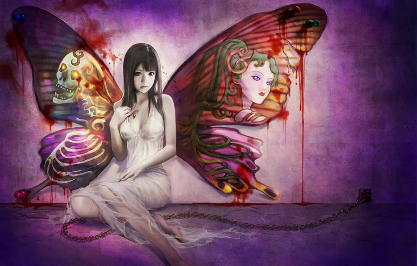 Фото обои девушка, аниме, Крылья, стены в крови, аковы