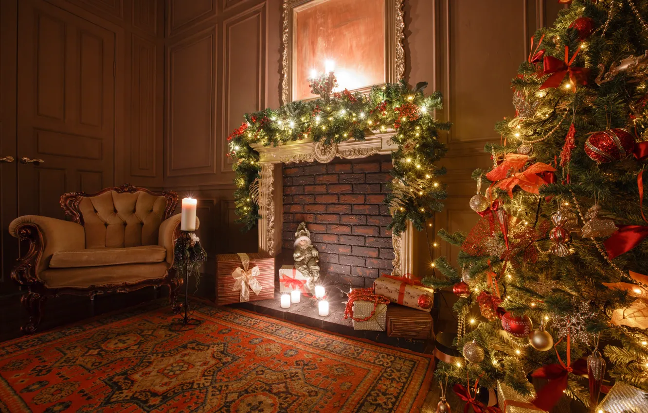 Фото обои украшения, игрушки, елка, Новый Год, Рождество, подарки, камин, Christmas