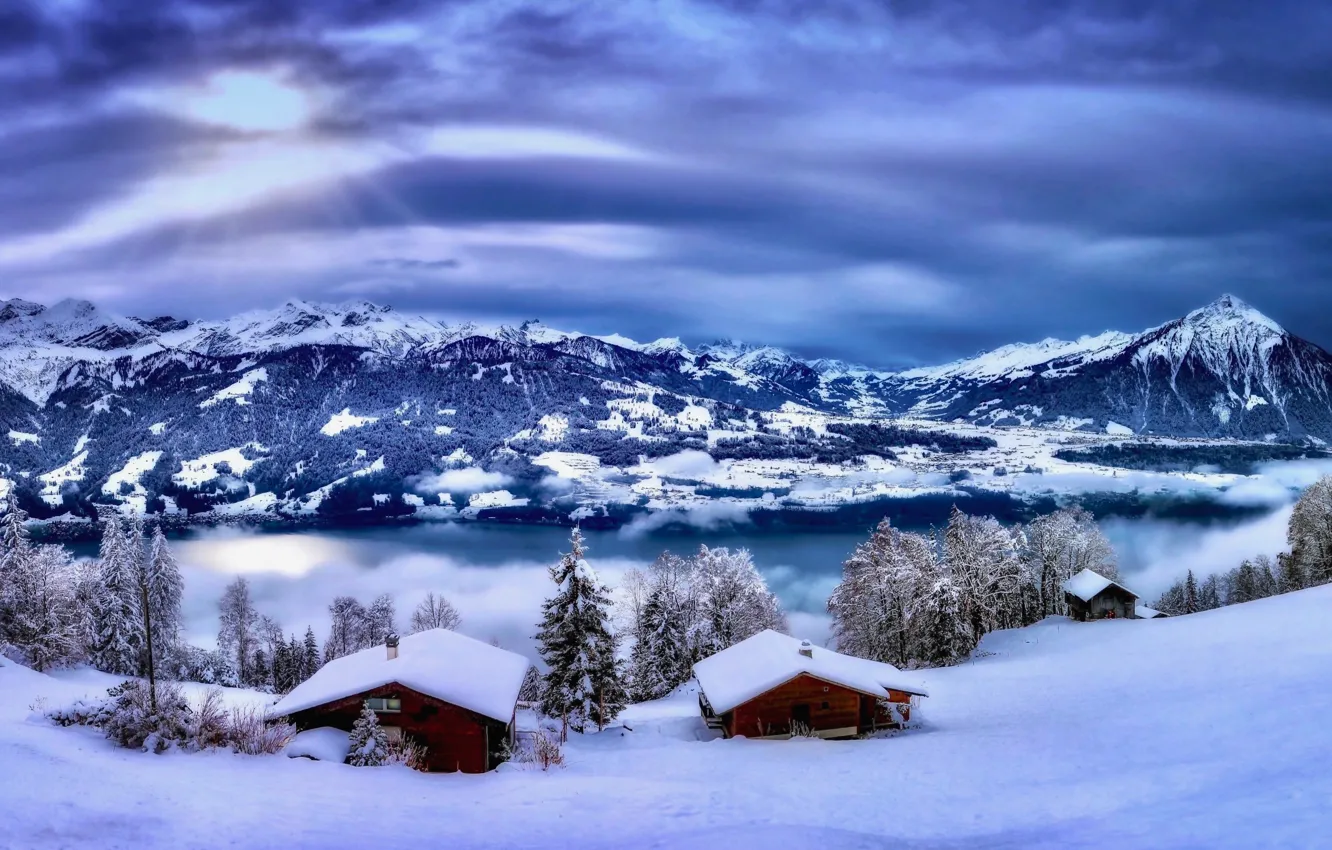 Фото обои зима, снег, деревья, горы, озеро, Швейцария, деревня, домики
