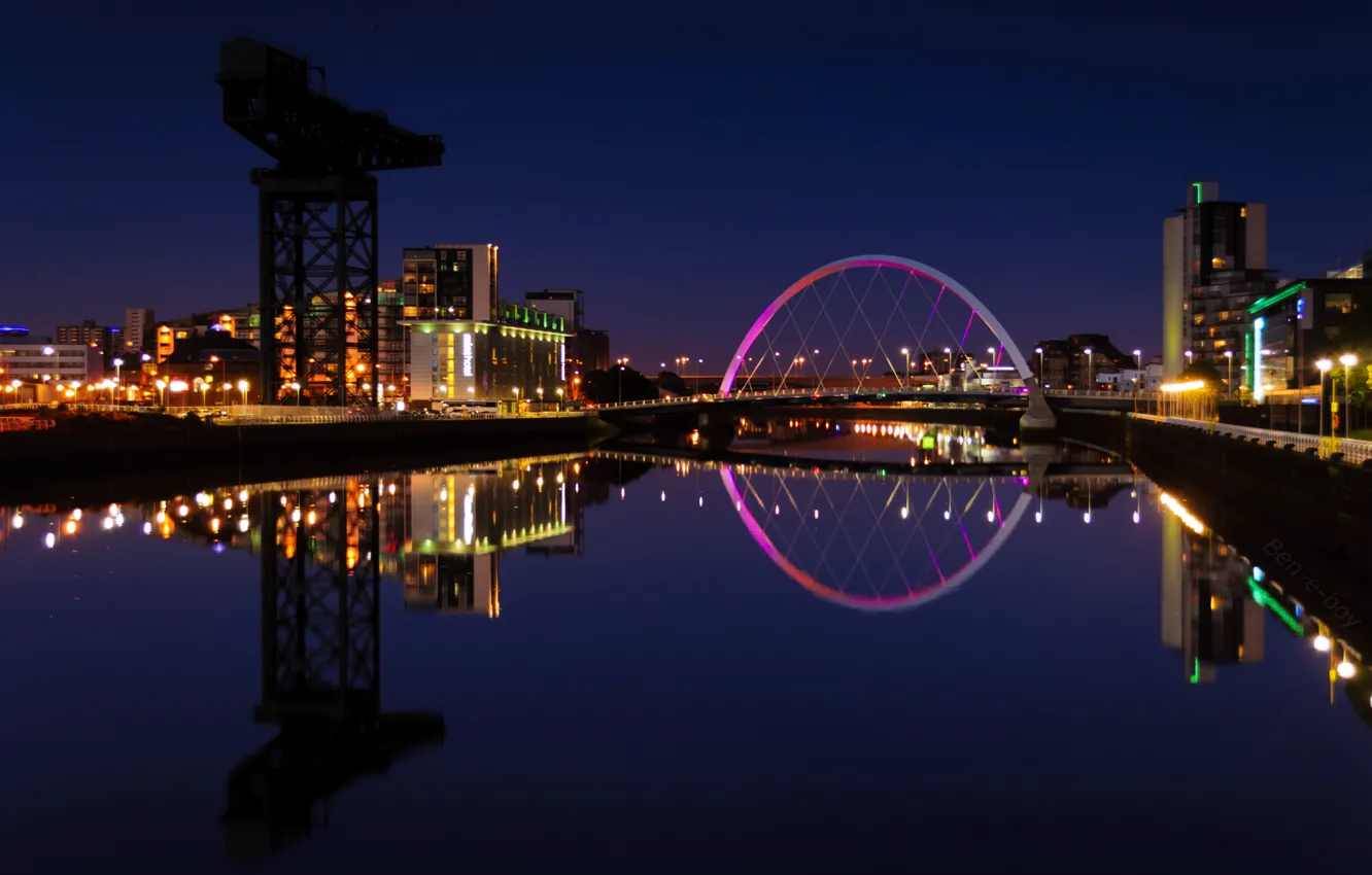 Фото обои огни, отражение, река, здания, вечер, Шотландия, подсветка, Великобритания