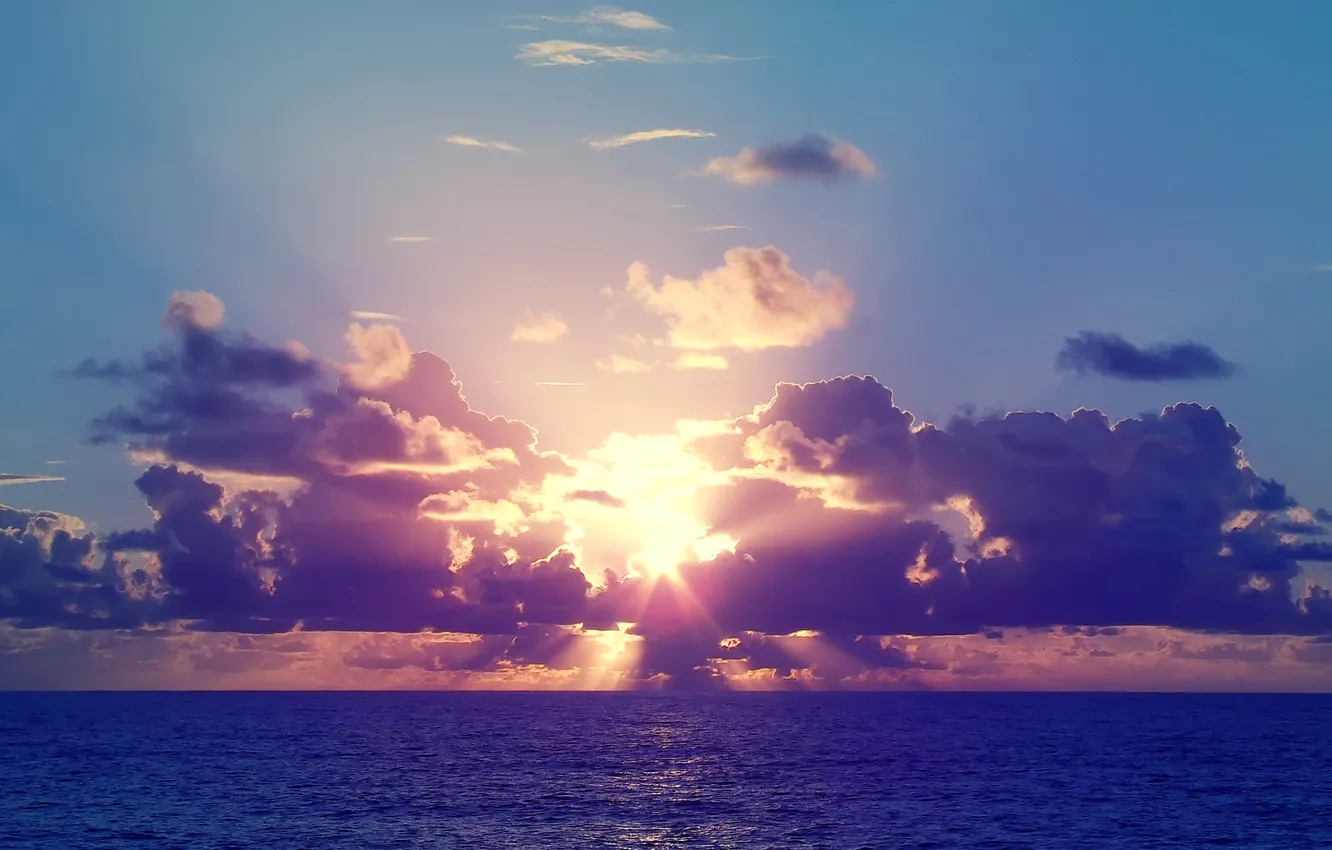 Фото обои море, небо, солнце, закат, тучи