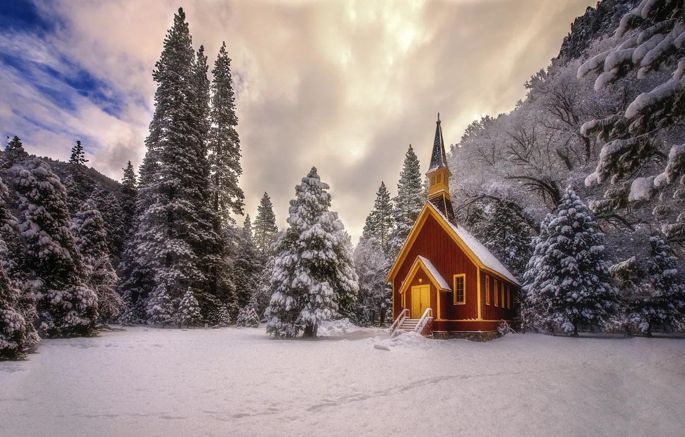 Фото обои зима, лес, снег, природа, церковь