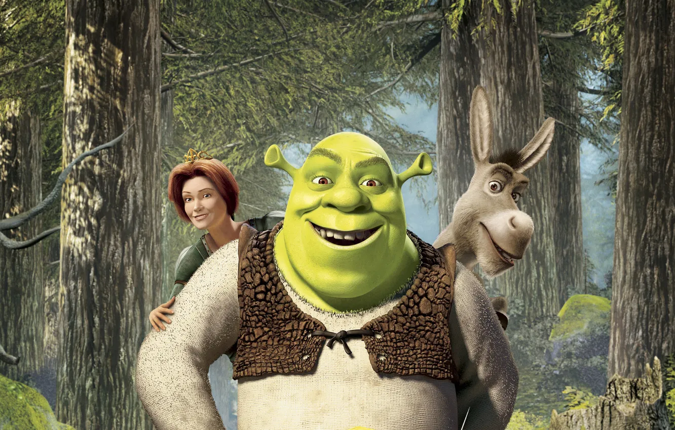 Фото обои лес, принцесса, улыбки, шрек, осел, Shrek