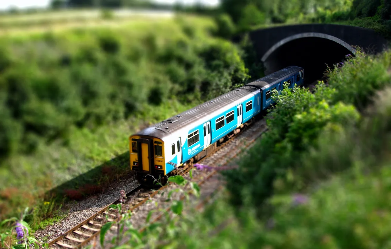 Фото обои Поезд, Железная дорога, Тоннель, tilt shift, Вагон