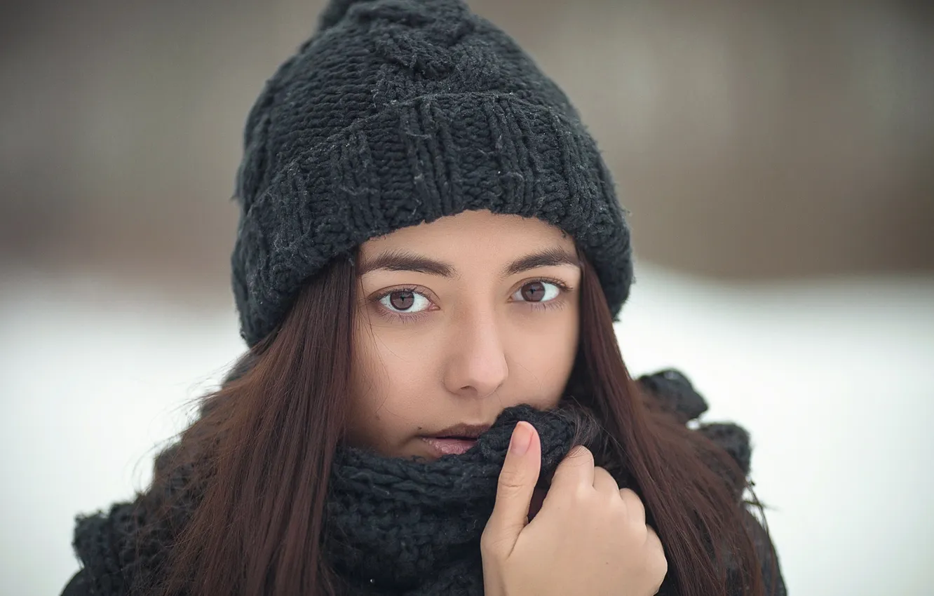 Фото обои зима, глаза, лицо, шапка, портрет, карие