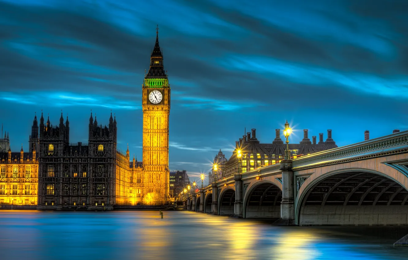 Фото обои вода, свет, ночь, мост, город, река, Англия, Лондон