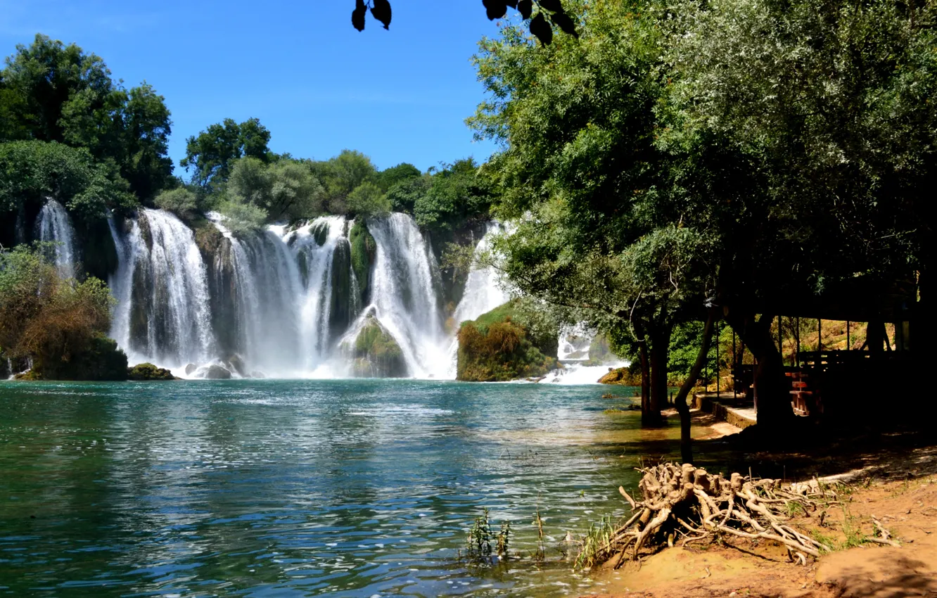 Фото обои деревья, река, водопад, Босния и Герцеговина, Kravice