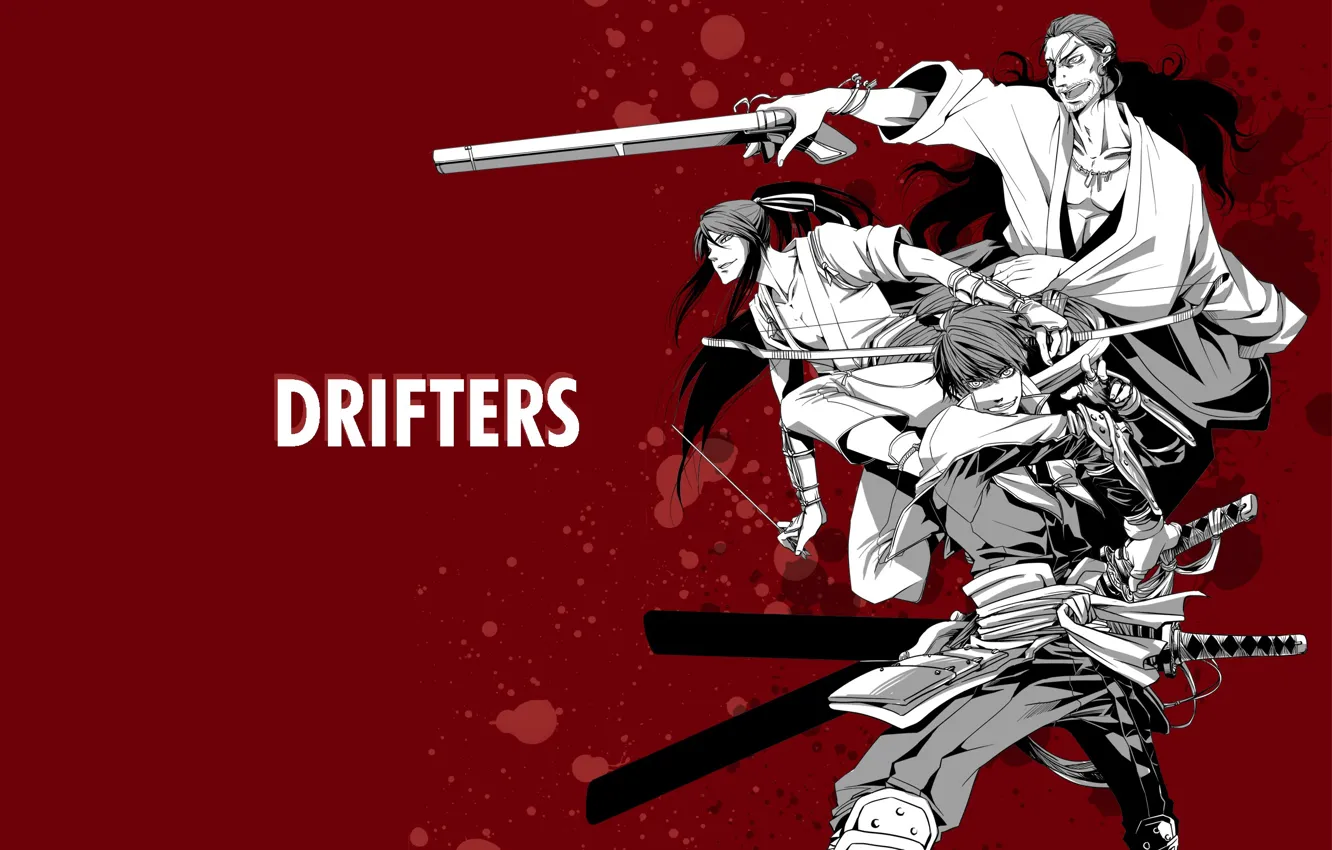 Фото обои оружие, аниме, арт, парни, красный фон, мужчины, самураи, Drifters