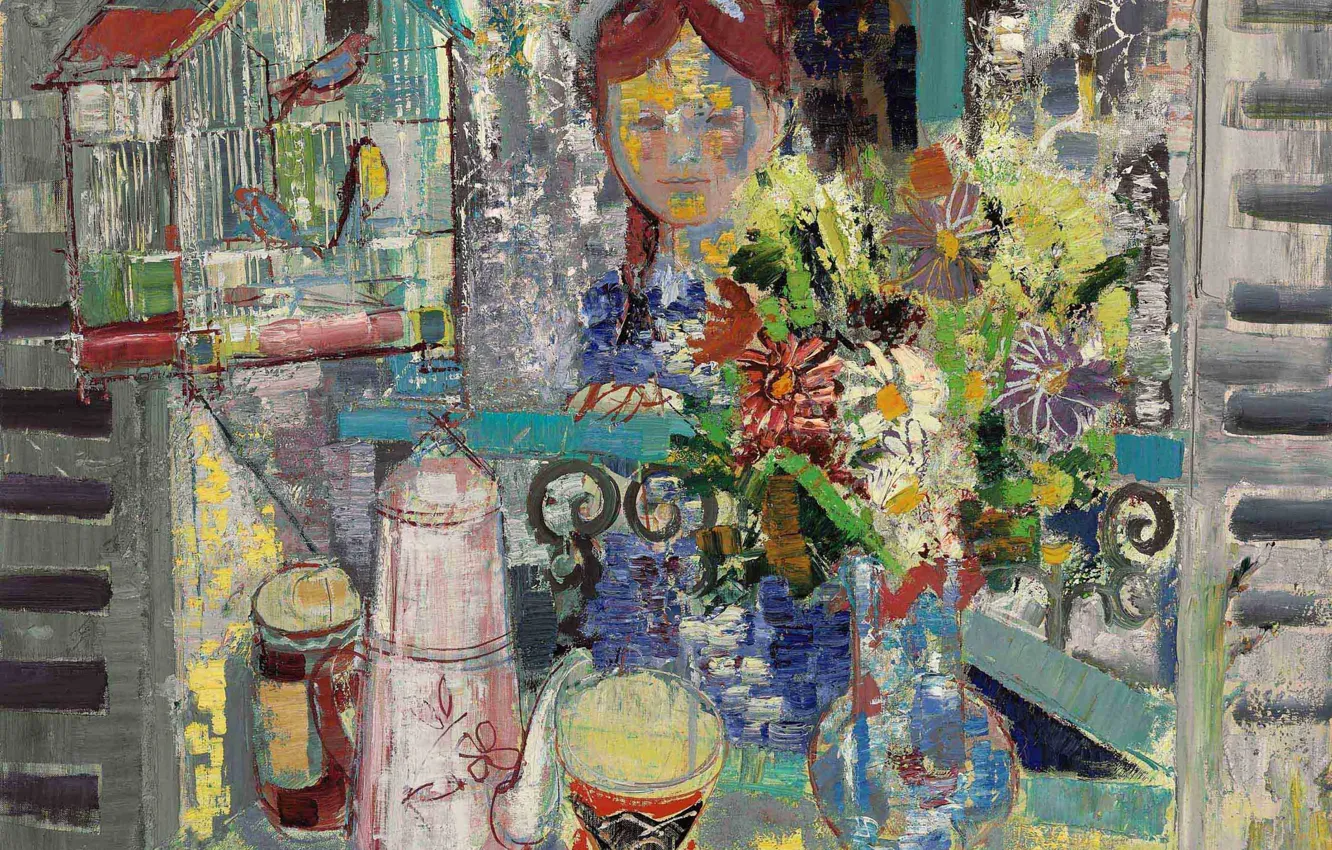 Фото обои цветы, птицы, картина, клетка, ваза, Emilio Grau Sala, Утренний завтрак