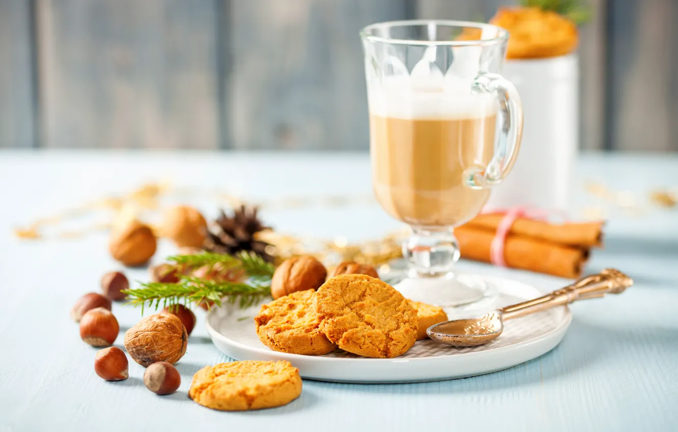 Фото обои кофе, печенье, напиток, орехи, корица