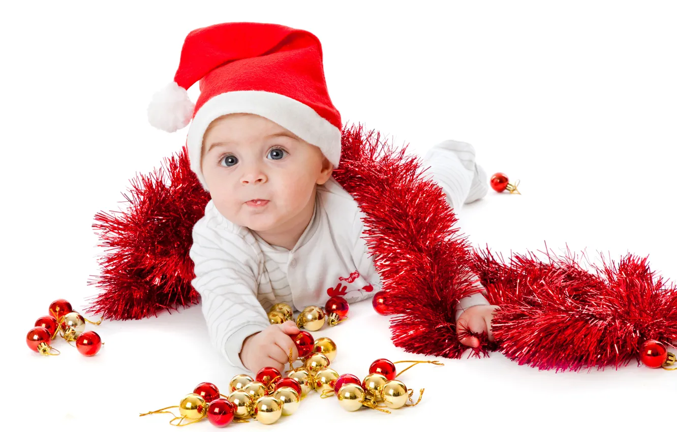 Фото обои украшения, шапка, ребенок, Рождество, Новый год, мишура, Christmas, New Year