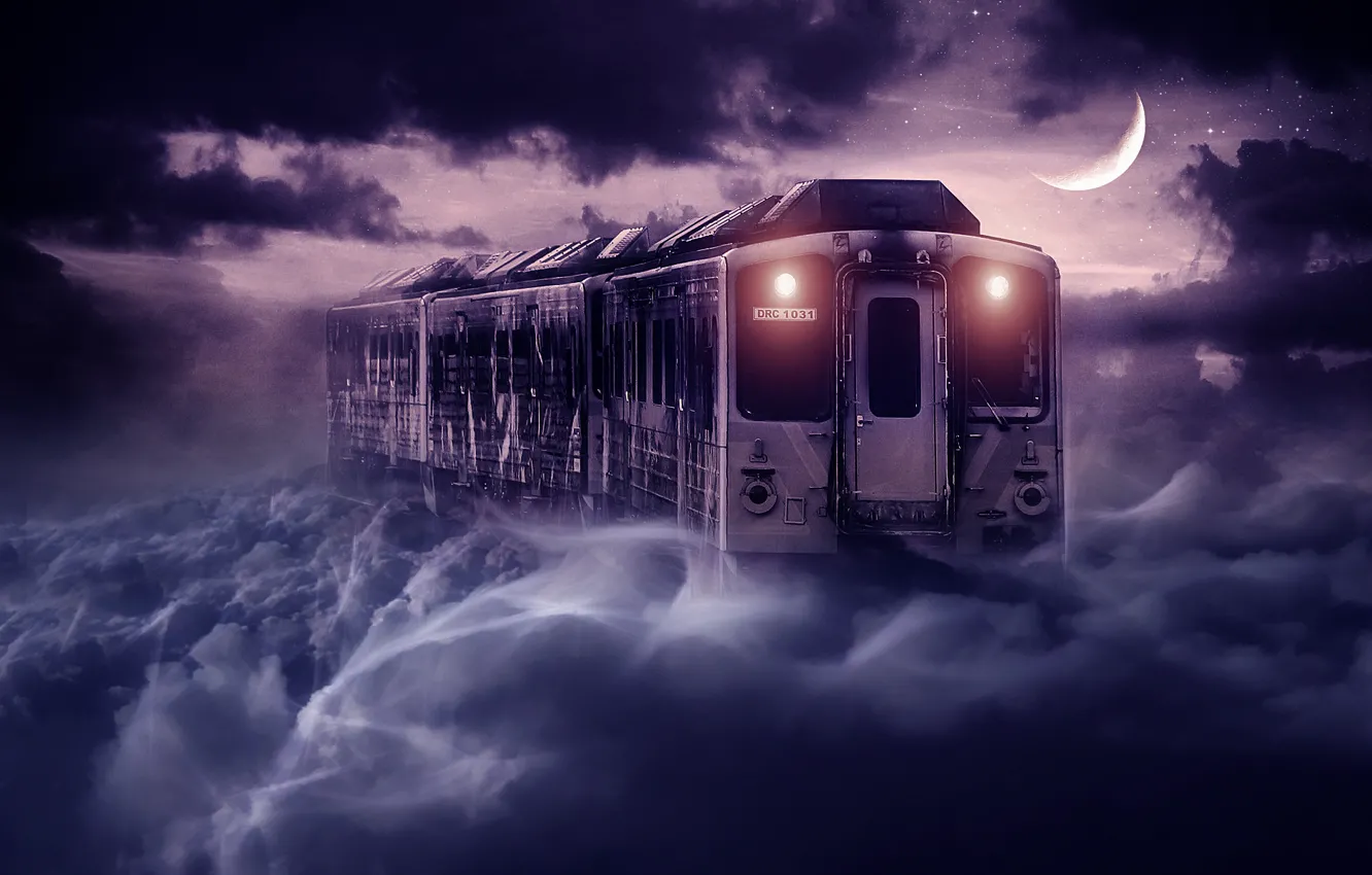 Фото обои небо, ночь, луна, поезд