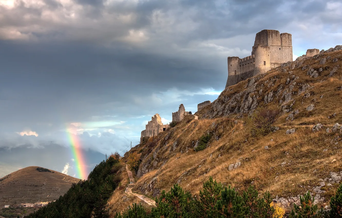 Фото обои Италия, Радуга, Развалины, Крепость, Abruzzo Italy, Rainbow And The Castle