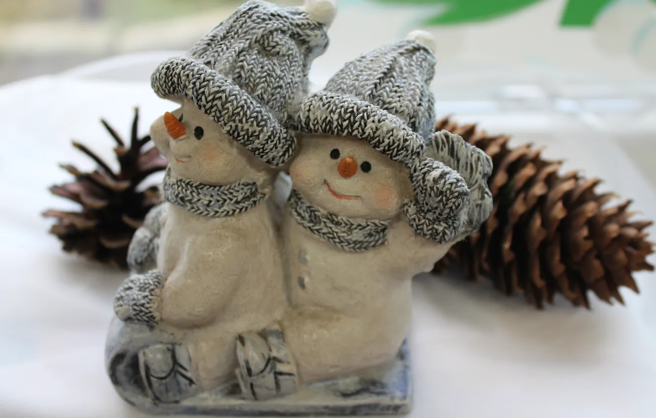 Фото обои зима, праздник, игрушка, игрушки, Рождество, Новый год, снеговик, парочка