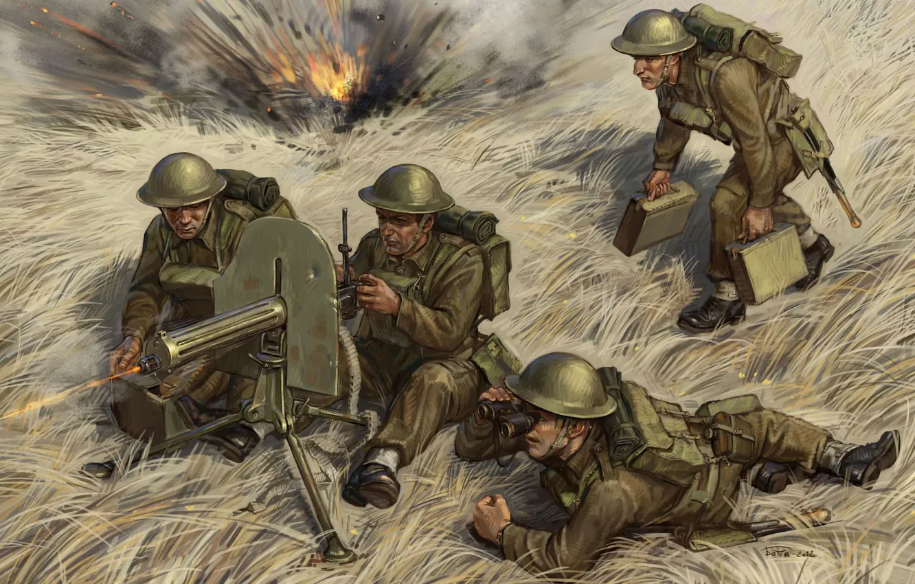 Фото обои арт, солдаты, пулемет, британский, WW2., расчетом