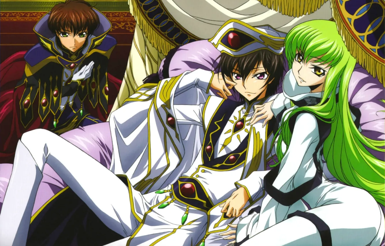 Фото обои мантия, зеленые волосы, трон, code geass, c.c., lelouch lamperouge, suzaku kururugi, повелитель