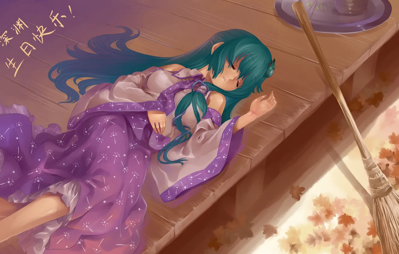 Фото обои листья, девушка, спит, метла, крыльцо, touhou, art, kochiya sanae